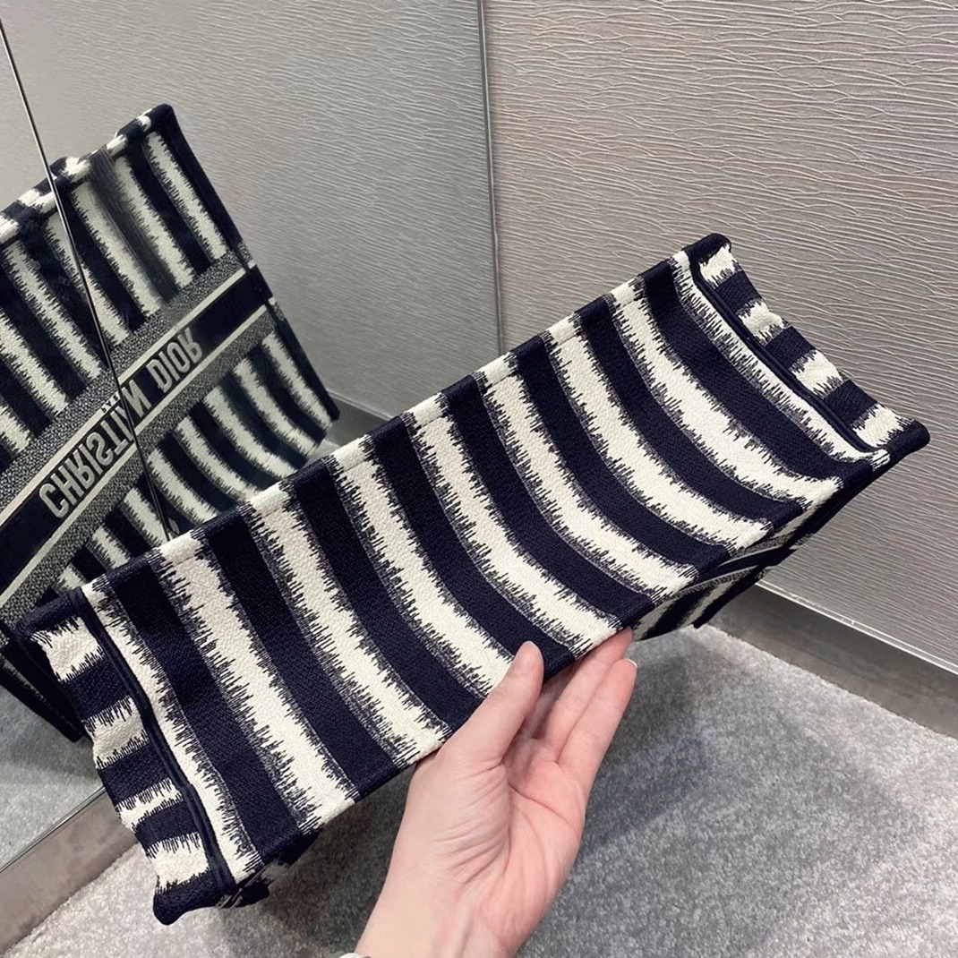 D10r Large Book Tote Bag Replica in Blue Stripes Embroidery