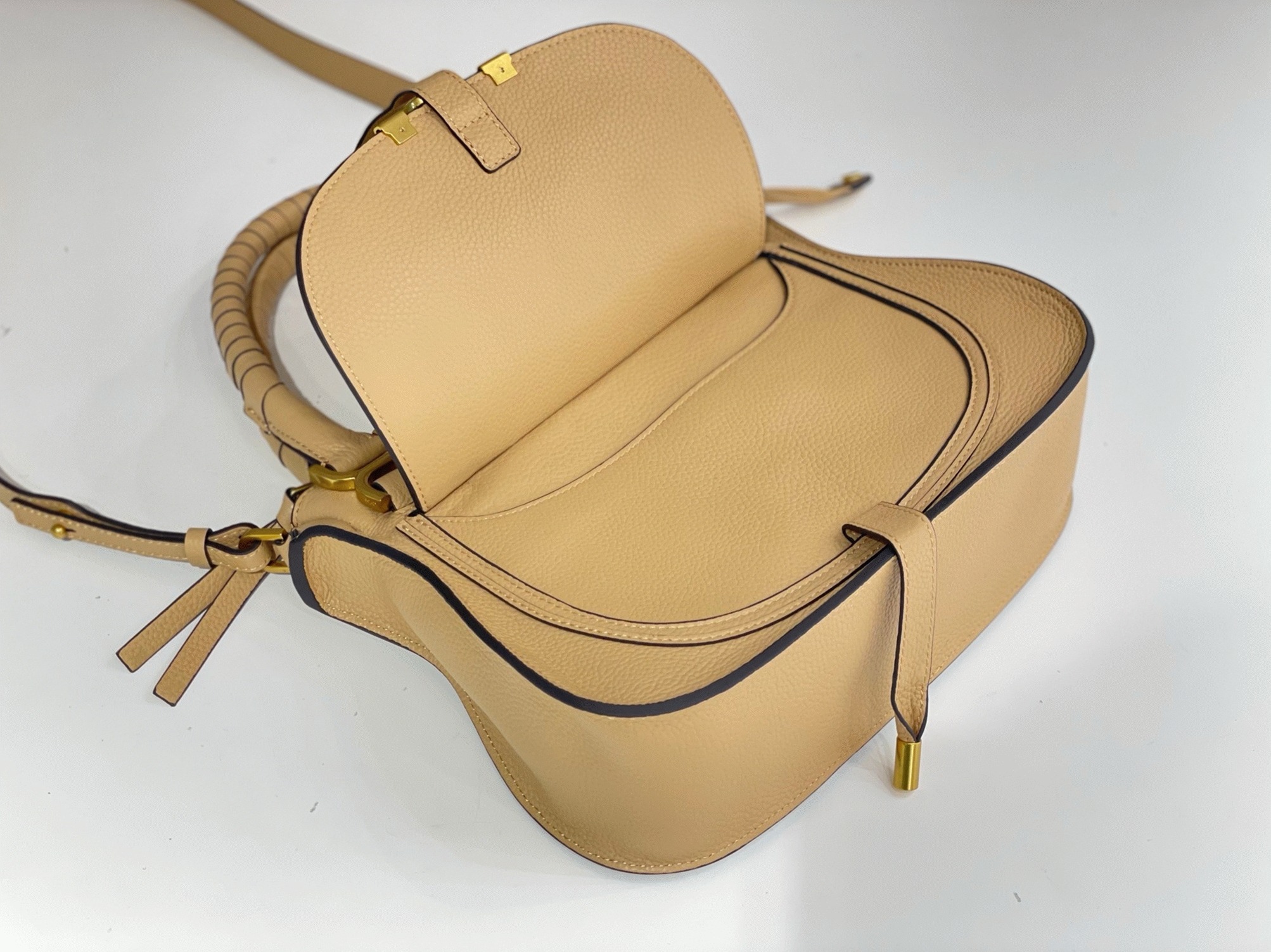 Top Quality Fake Chloe Marcie Small Double Carry Bag in Beige Grained Leather