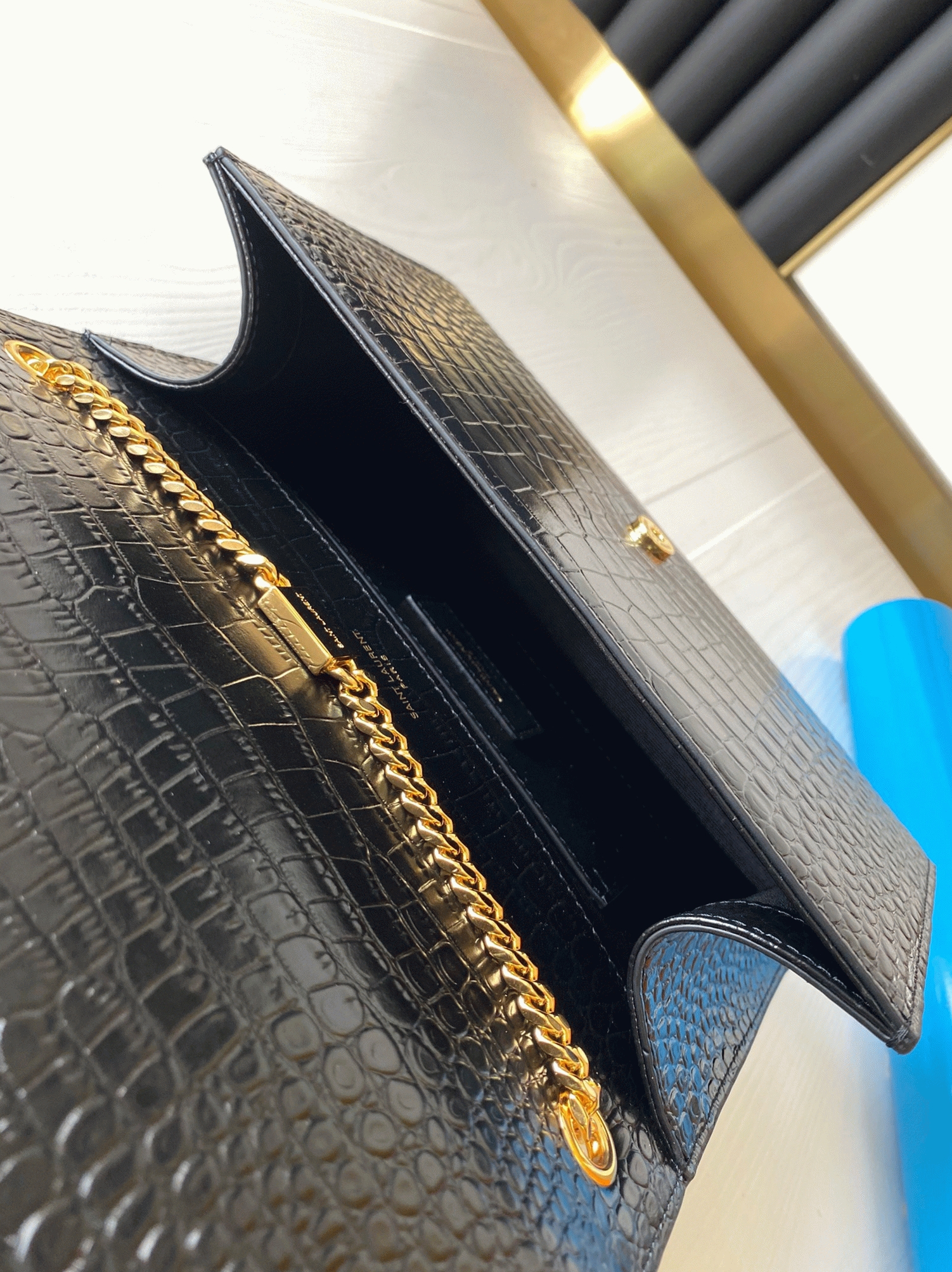 Replica Sa1nt Lau*nt Kate Medium Tassel Bag Black Crocodile-embossed Leather
