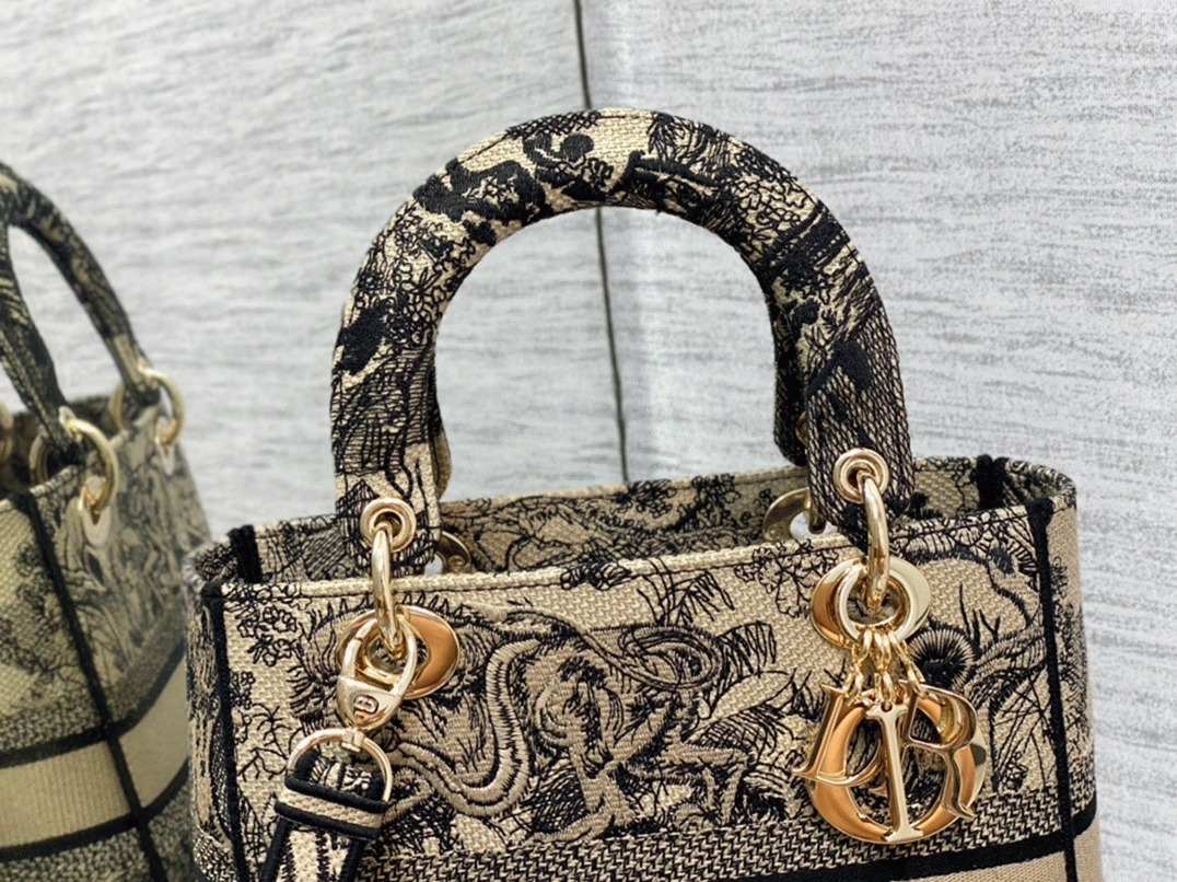 D10r Lady D-Lite Medium Bag Faux in Brown Toile de Jouy Embroidery