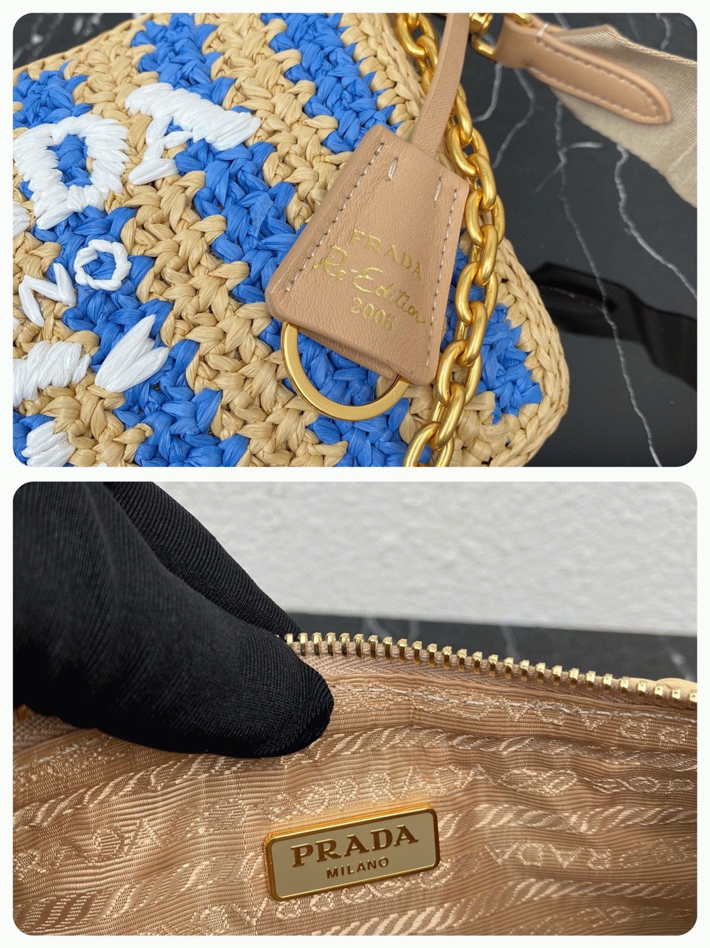 Pra*a Re-Edition Bag Fake in Beige and Blue Stripe