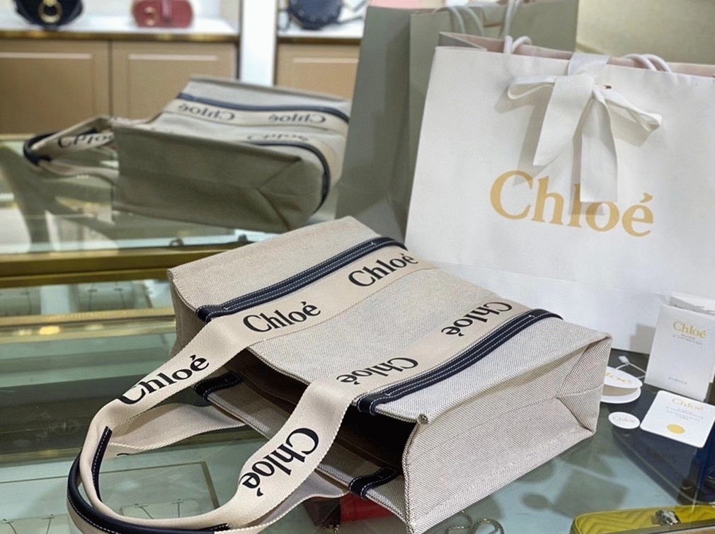Top Quality Knockoff Chloe Medium Woody Tote Bag in Canvas with Blue Leather Strips