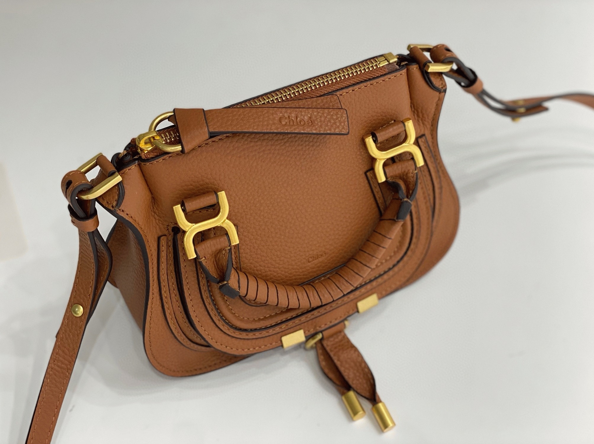 Top Quality Replica Chloe Marcie Mini Double Carry Bag in Brown Grained Leather