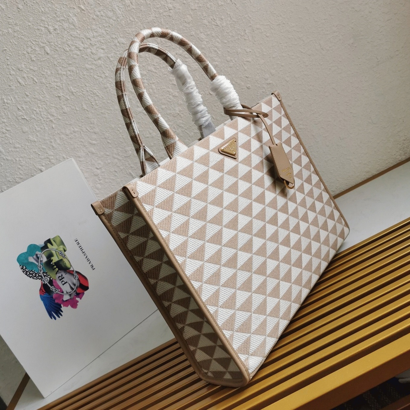Pra*a Symbole Large Bag Knockoff in Beige/White Jacquard Fabric