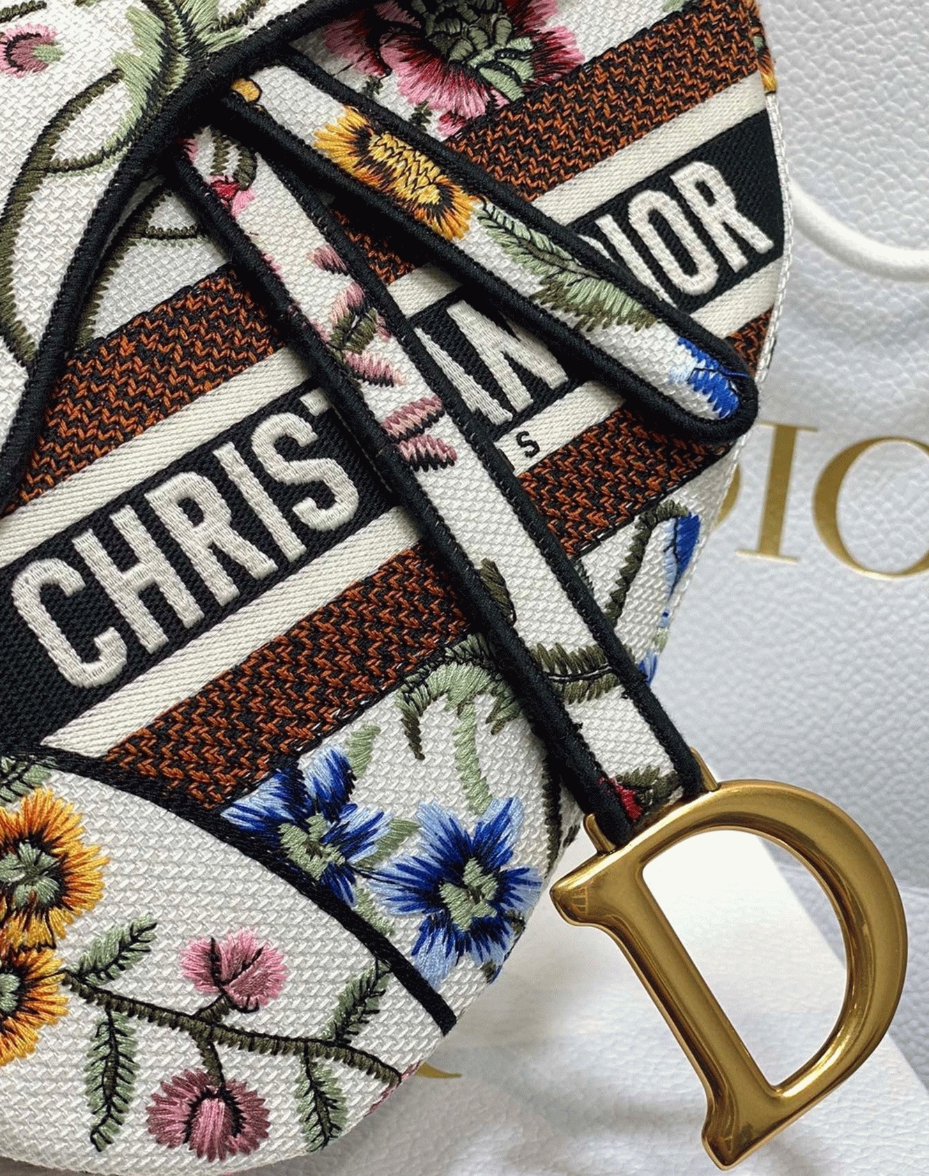 D10r Saddle Bag Fake in White Multicolor D10r Petites Fleurs Embroidery