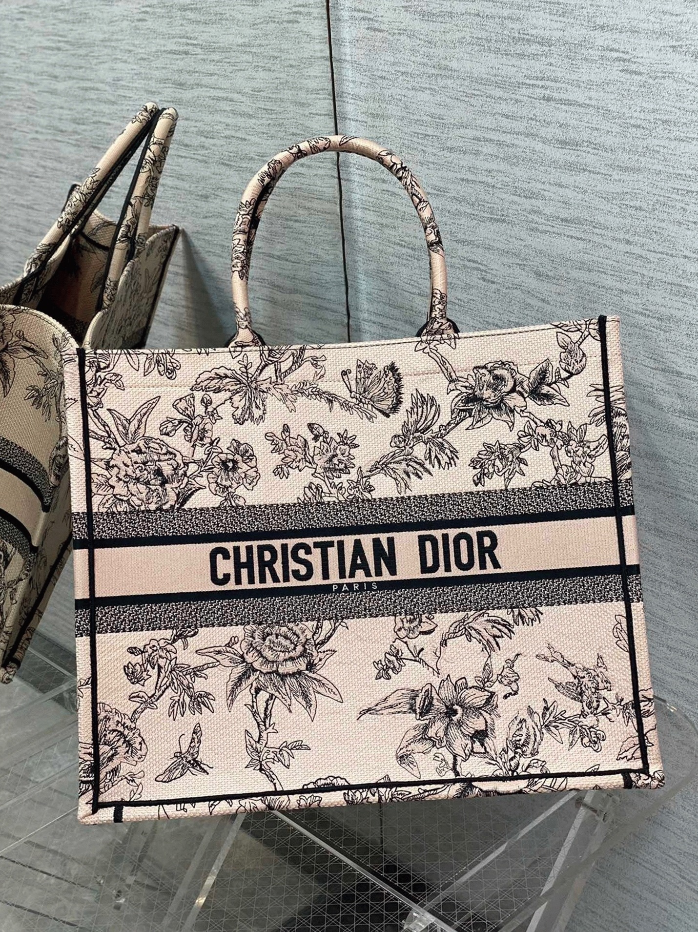 D10r Large Book Tote Bag Fake in Powder Pink Jardin Botanique Embroidery