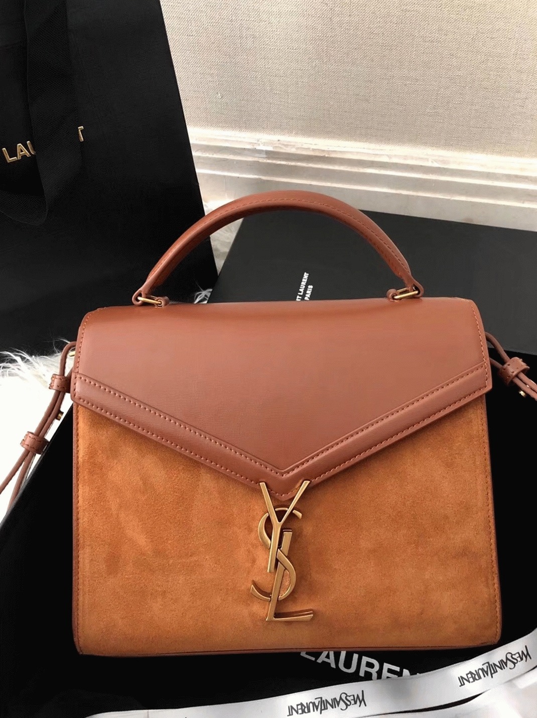 Fake Sa1nt Lau*nt Cassandra Medium Bag Brown Suede