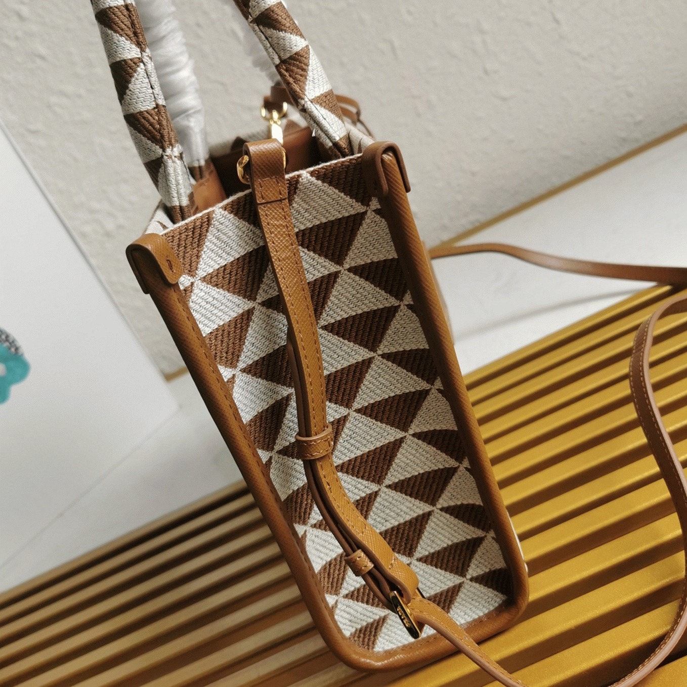 Pra*a Symbole Small Bag Knockoff in White/Brown Jacquard Fabric
