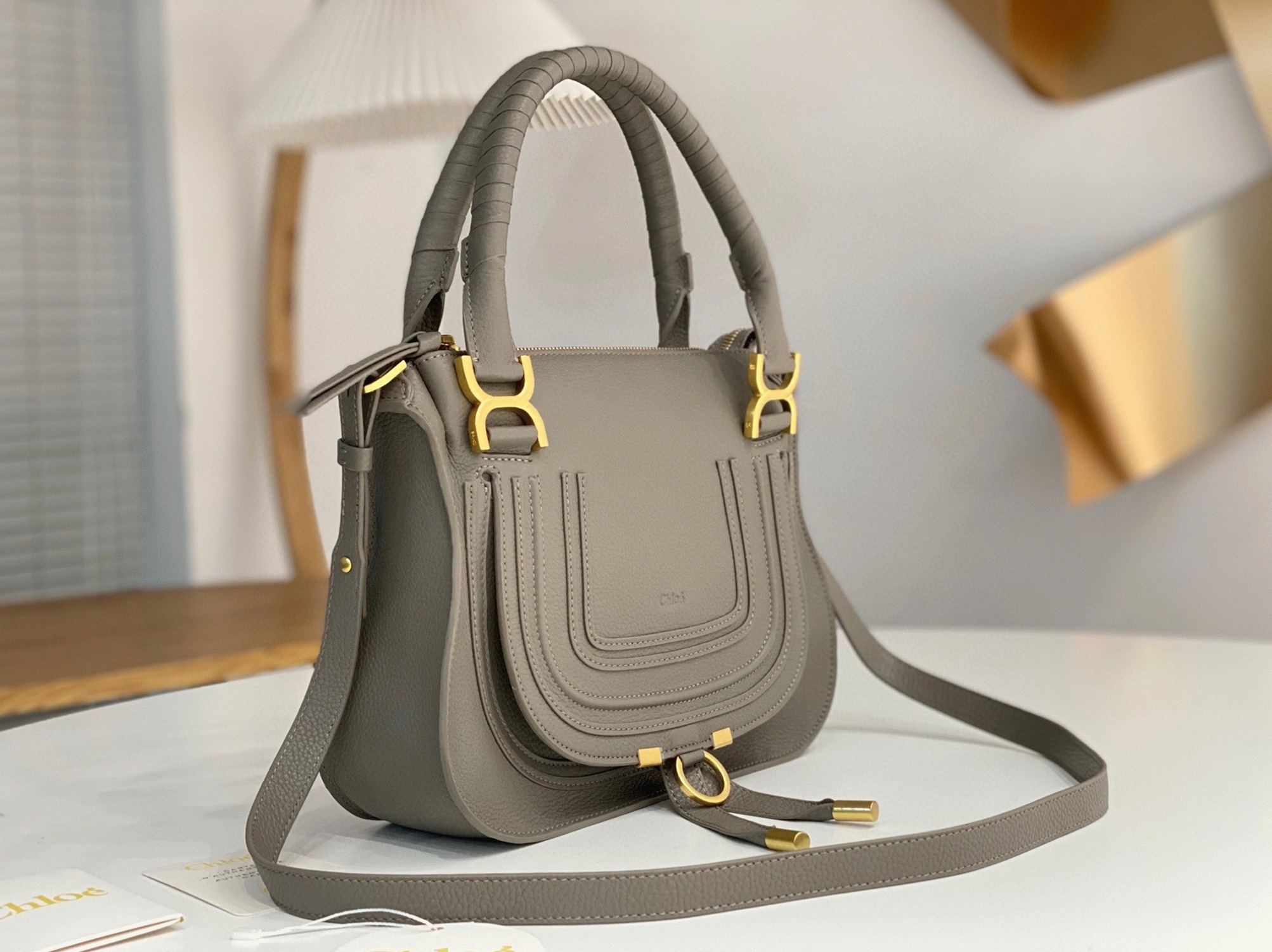 Top Quality Knockoff Chloe Marcie Small Double Carry Bag in Grey Grained Leather