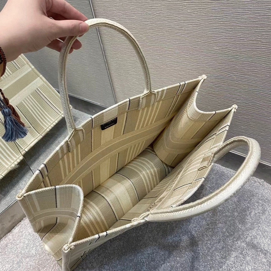 D10r Large Book Tote Bag Replica in Beige Stripes Embroidery
