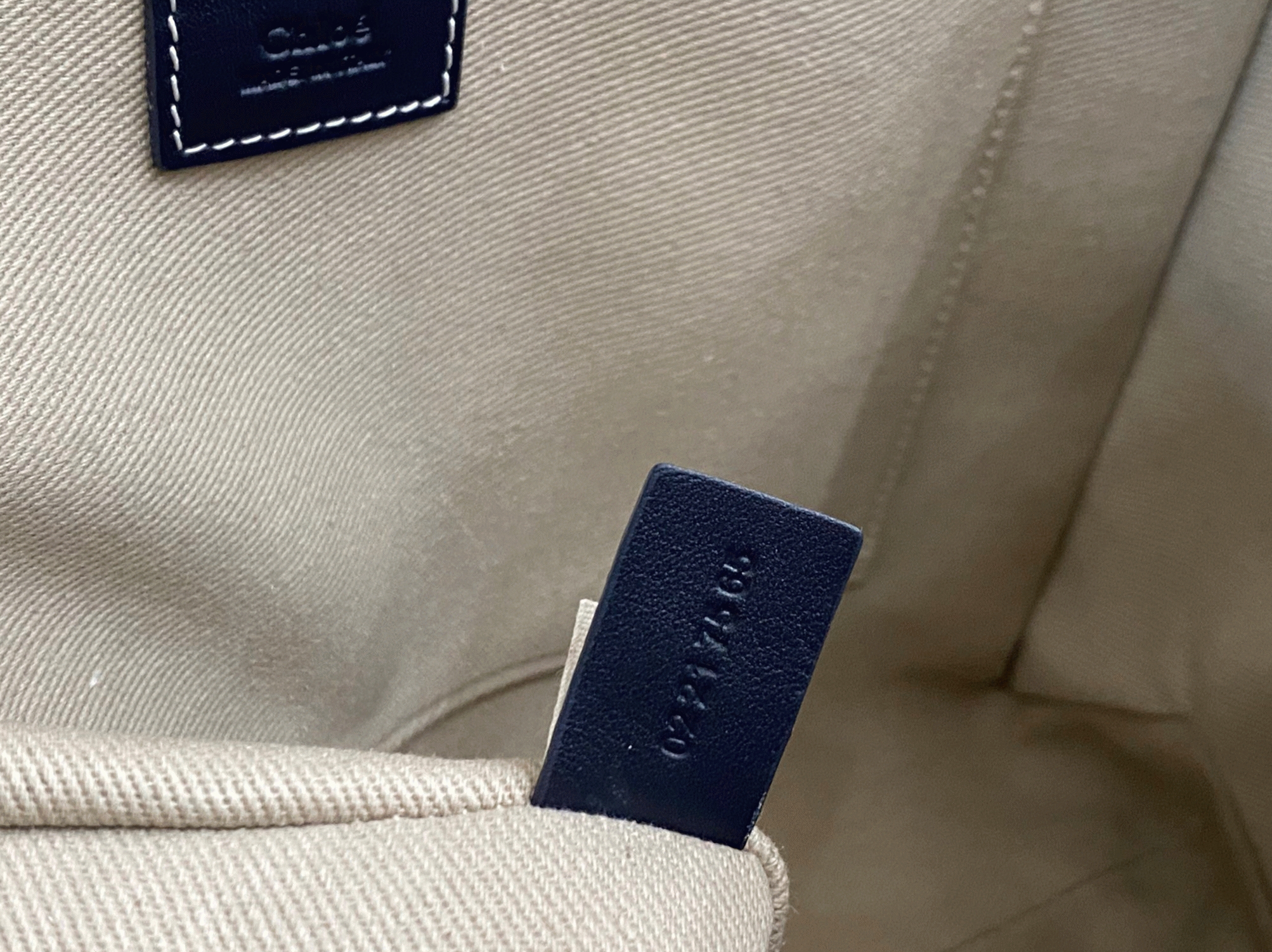 Top Quality Faux Chloe Woody Medium Tote Bag in Linen Canvas with Navy Blue Leather