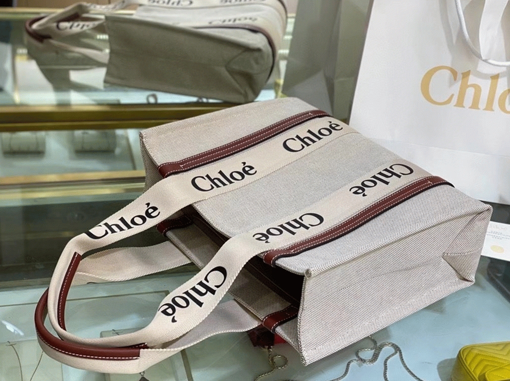 Top Quality Faux Chloe Medium Woody Tote Bag in Canvas with Brown Leather Strips
