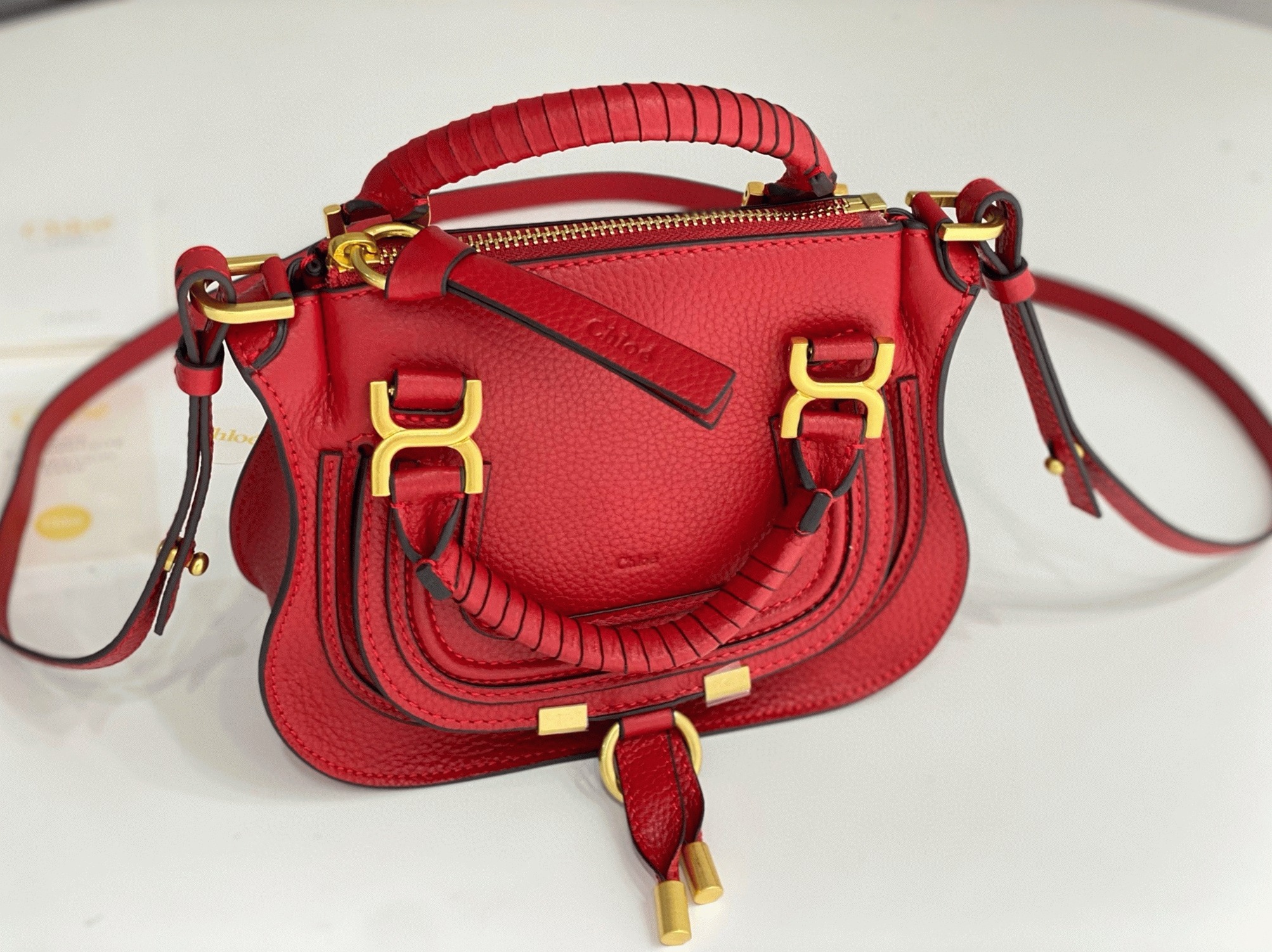 Red Grained Leather Chloe Marcie Mini Double Handle Fake Bag