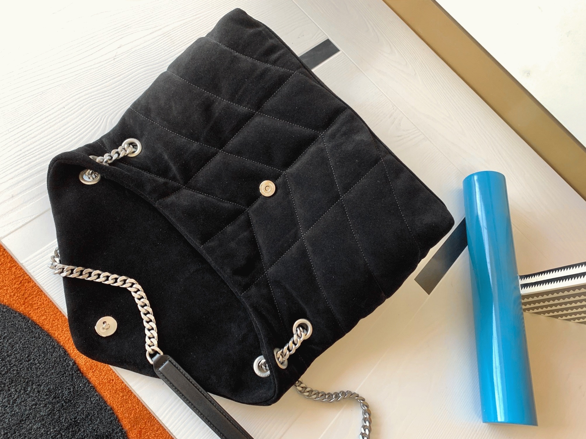 Sa1nt Lau*nt Puffer Medium Chain Bag Black Suede Calfskin