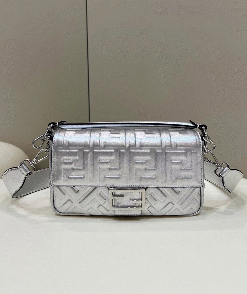 Top Quality Fake F**di Large Baguette Bag In Silver FF Metallic Leather