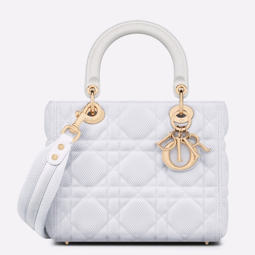 White D10r Lady D-Lite Medium Replica Bag with Macrocannage Texture