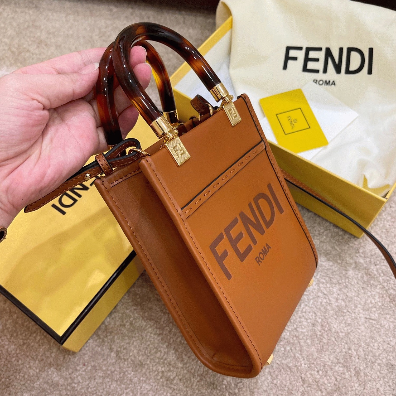 Top Quality Fake F**di Mini Sunshine Shopper Bag In Brown Leather