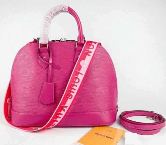 L0vis Vvtt0n Epi Leather Alma PM Handbag In Pondichery Pink With Jacquard Strap