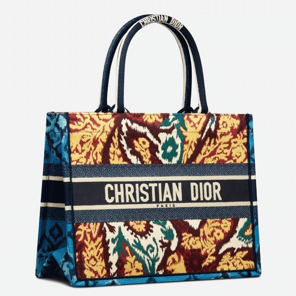 D10r Medium Book Tote Bag Replica in Blue Multicolor D10r Paisley Embroidery