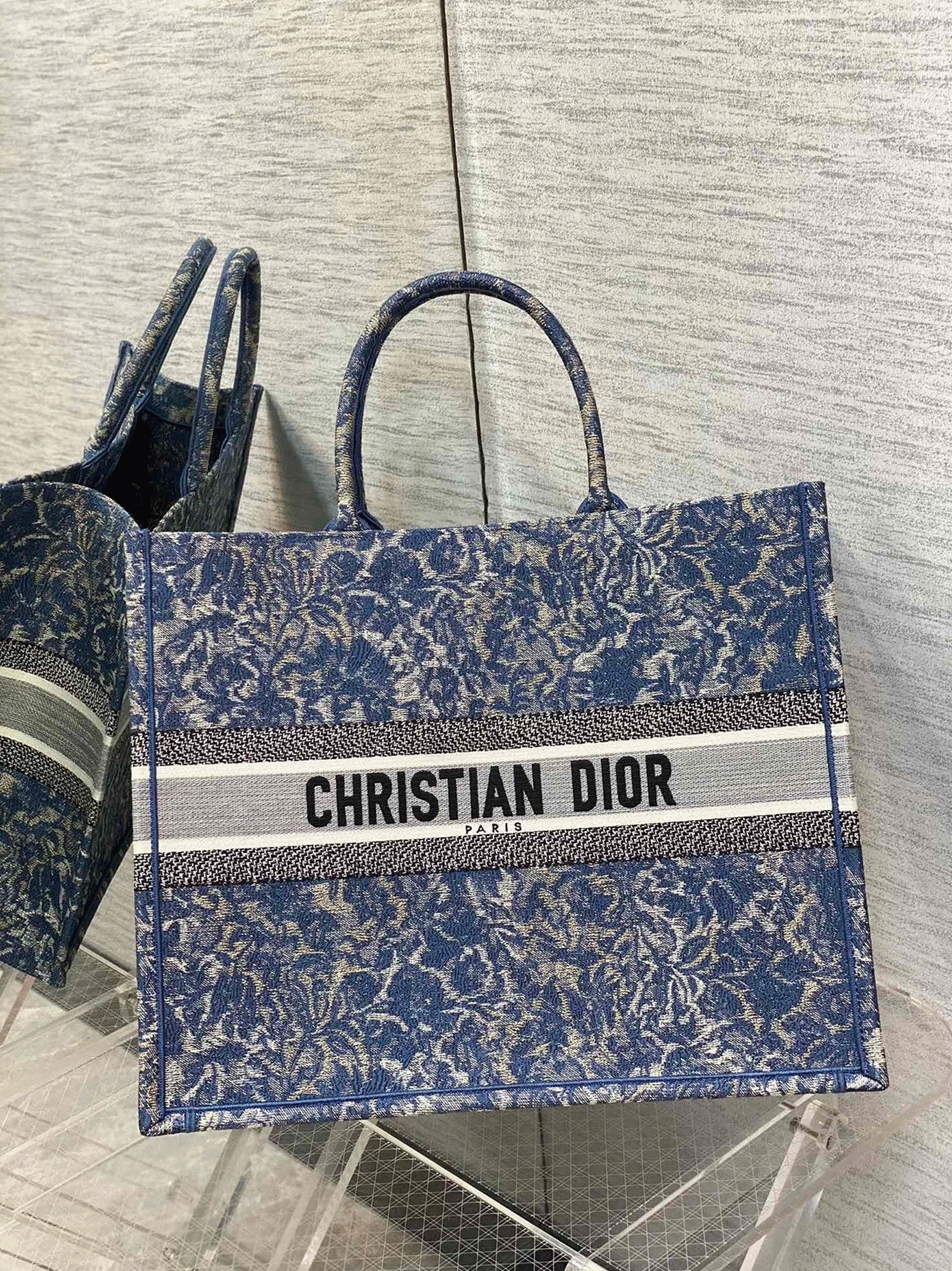 D10r Large Book Tote Bag Replica in Blue Brocart Denim-Effect Embroidery