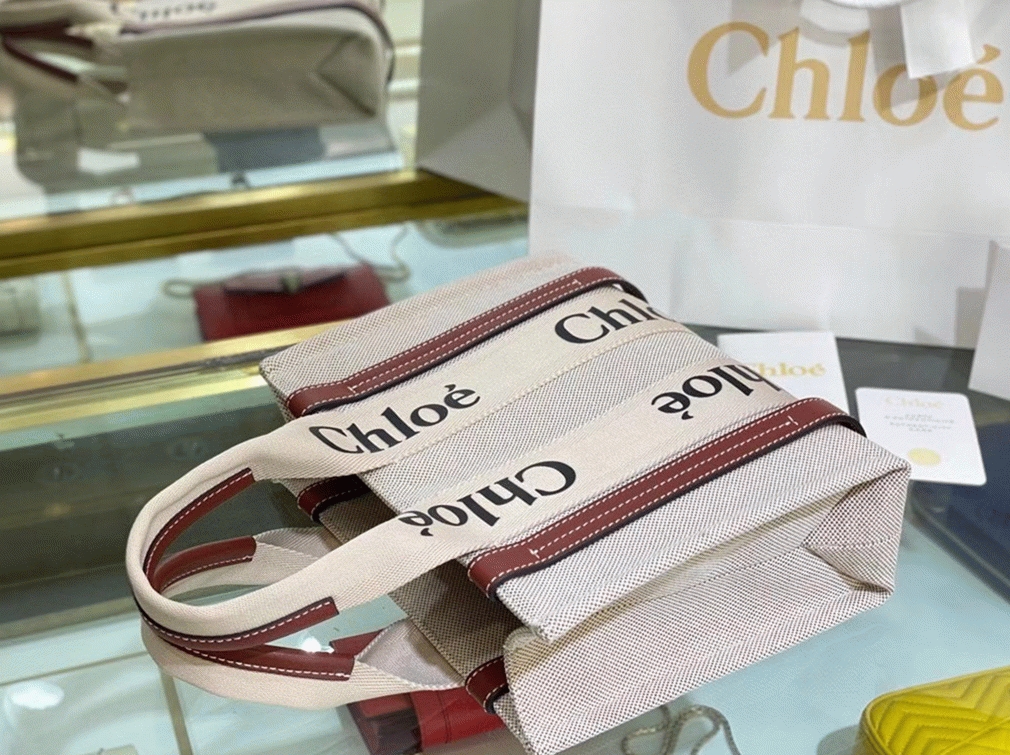 Top Quality Replica Chloe Small Woody Tote Bag in Canvas with Camel Leather Strips