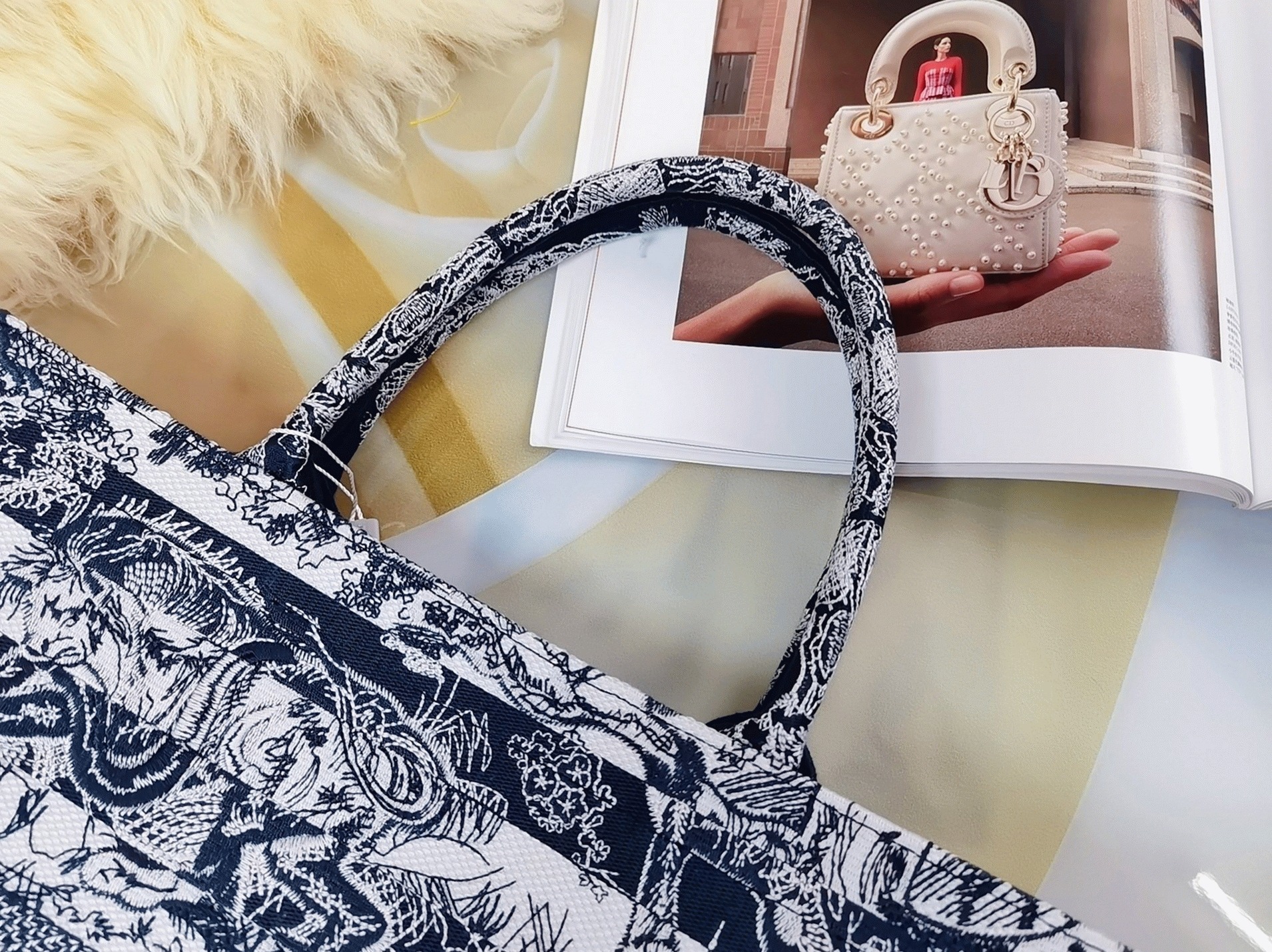 D10r Large Book Tote Bag Fake in Blue Toile de Jouy Stripes Embroidery