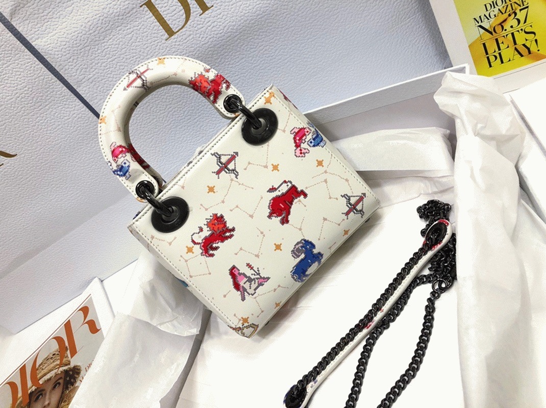 D10r Lady D10r Mini Bag Fake in White Calfskin with Pixel Zodiac Print