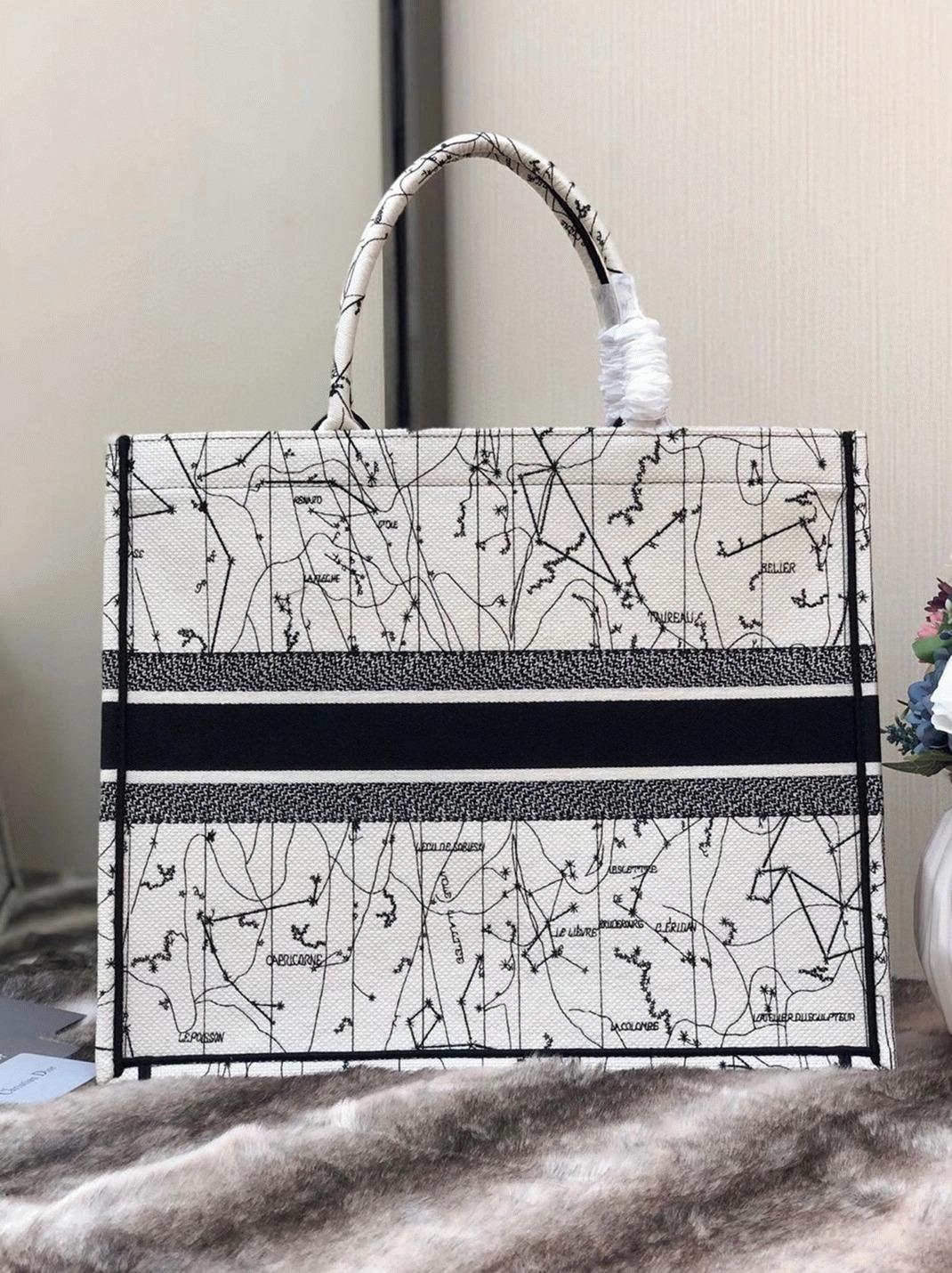 D10r Large Book Tote Bag Replica in Latte Zodiac Embroidery