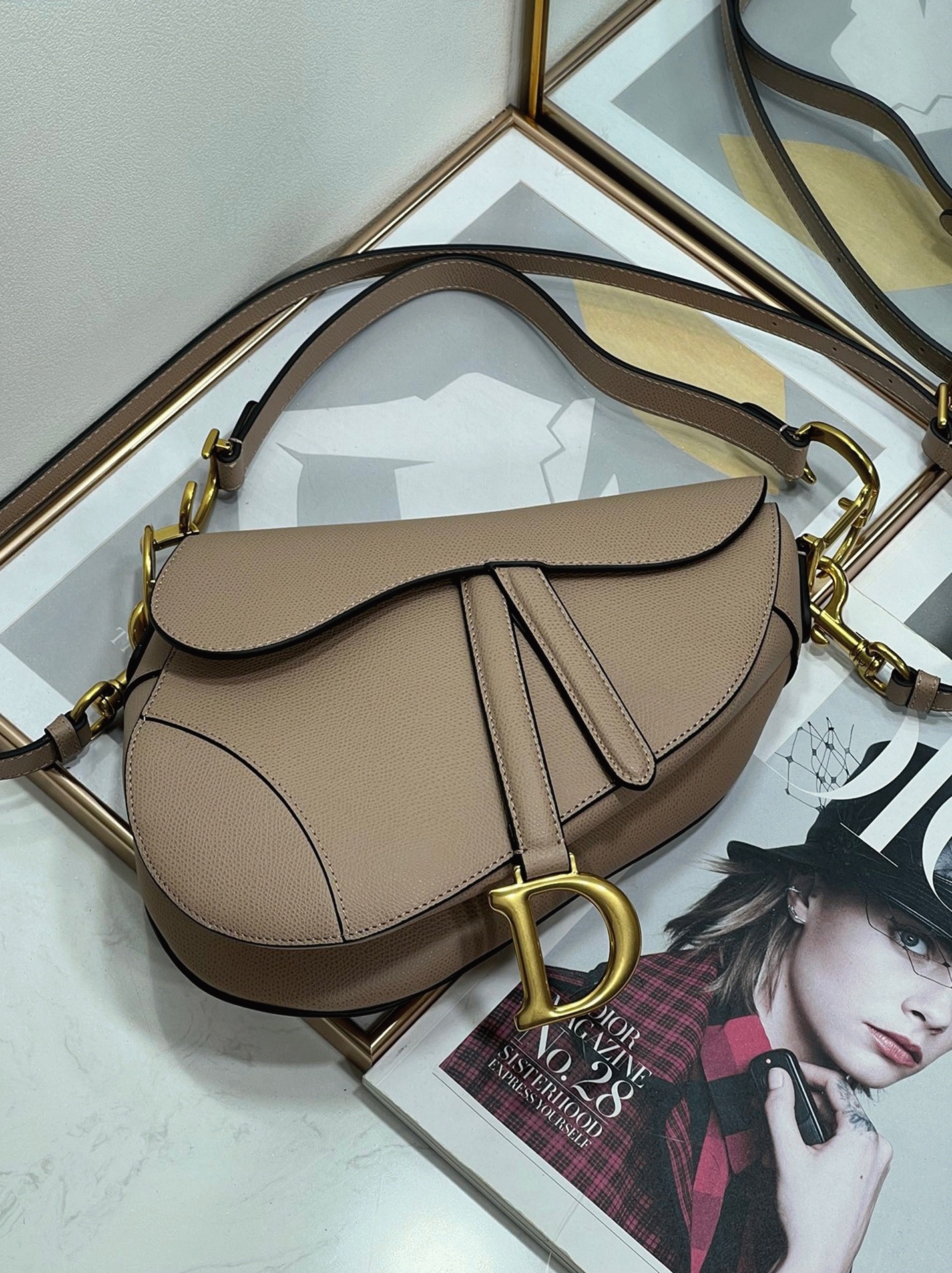 D10r Saddle Bag with Strap Faux in Warm Taupe Grained Calfskin