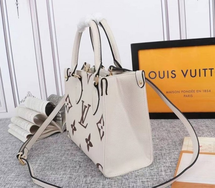 L0vis Vvtt0n Bicolor Monogram Empreinte Leather Onthego PM Bag In Cream And Bois De Rose Pink