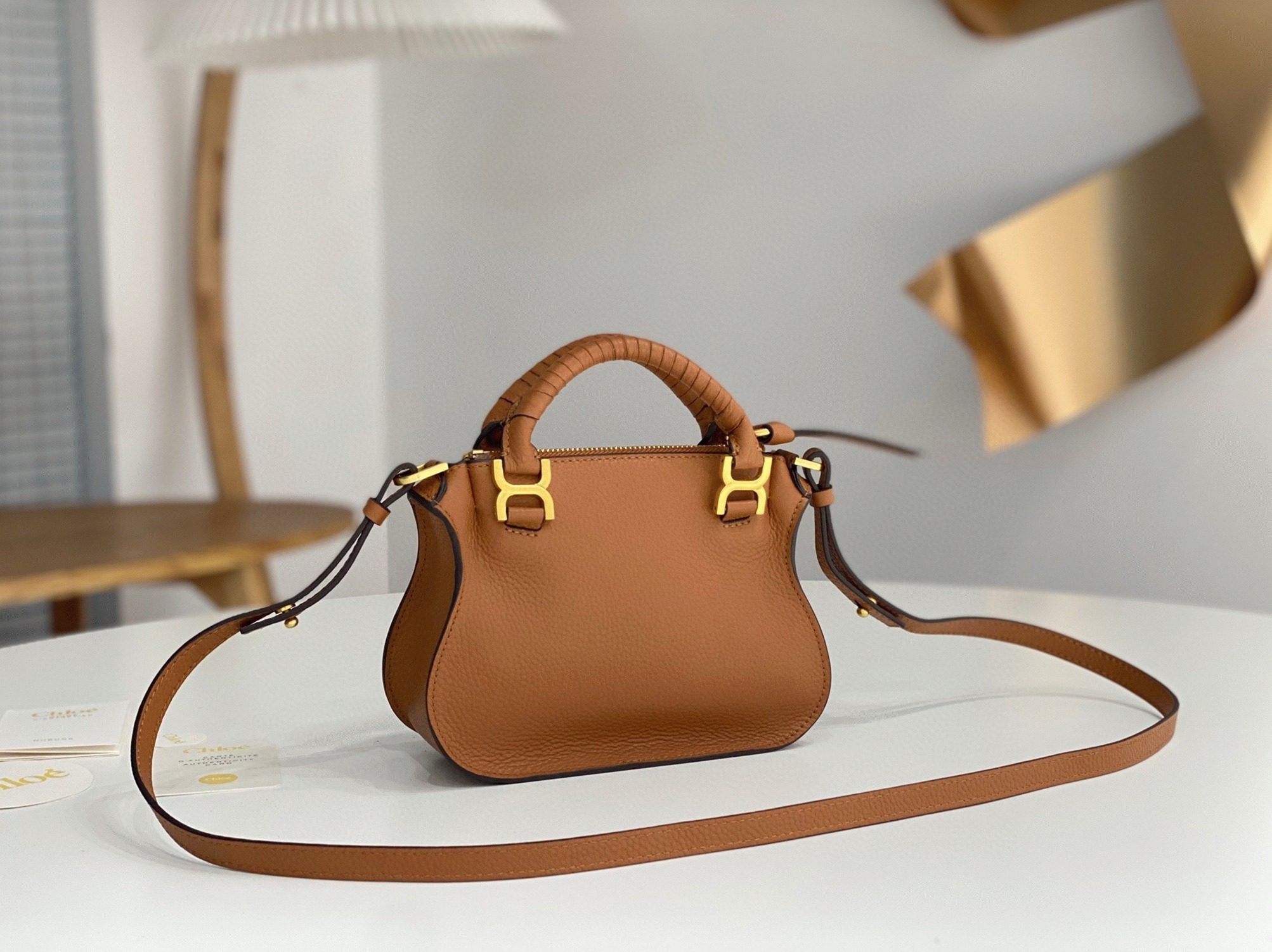 Top Quality Replica Chloe Marcie Mini Double Carry Bag in Brown Grained Leather