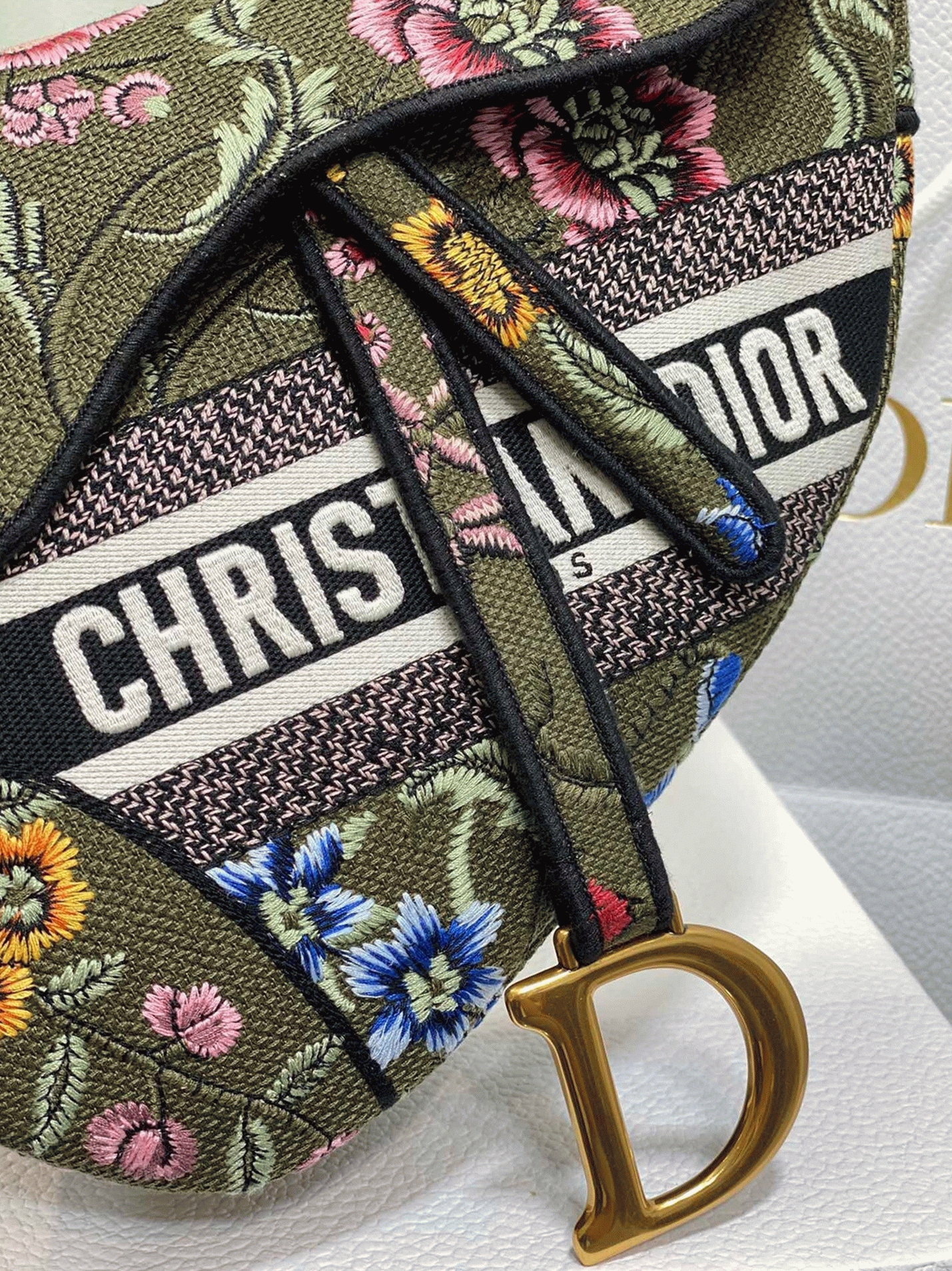 D10r Saddle Bag Knockoff in Green Multicolor D10r Petites Fleurs Embroidery