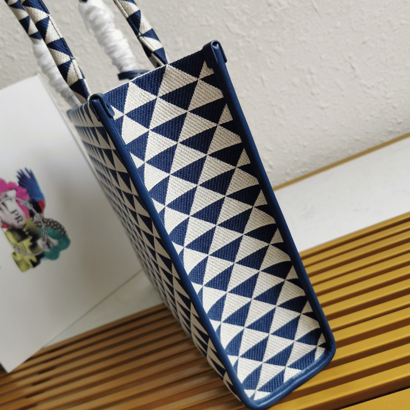 Pra*a Symbole Large Bag Fake in White/Blue Jacquard Fabric
