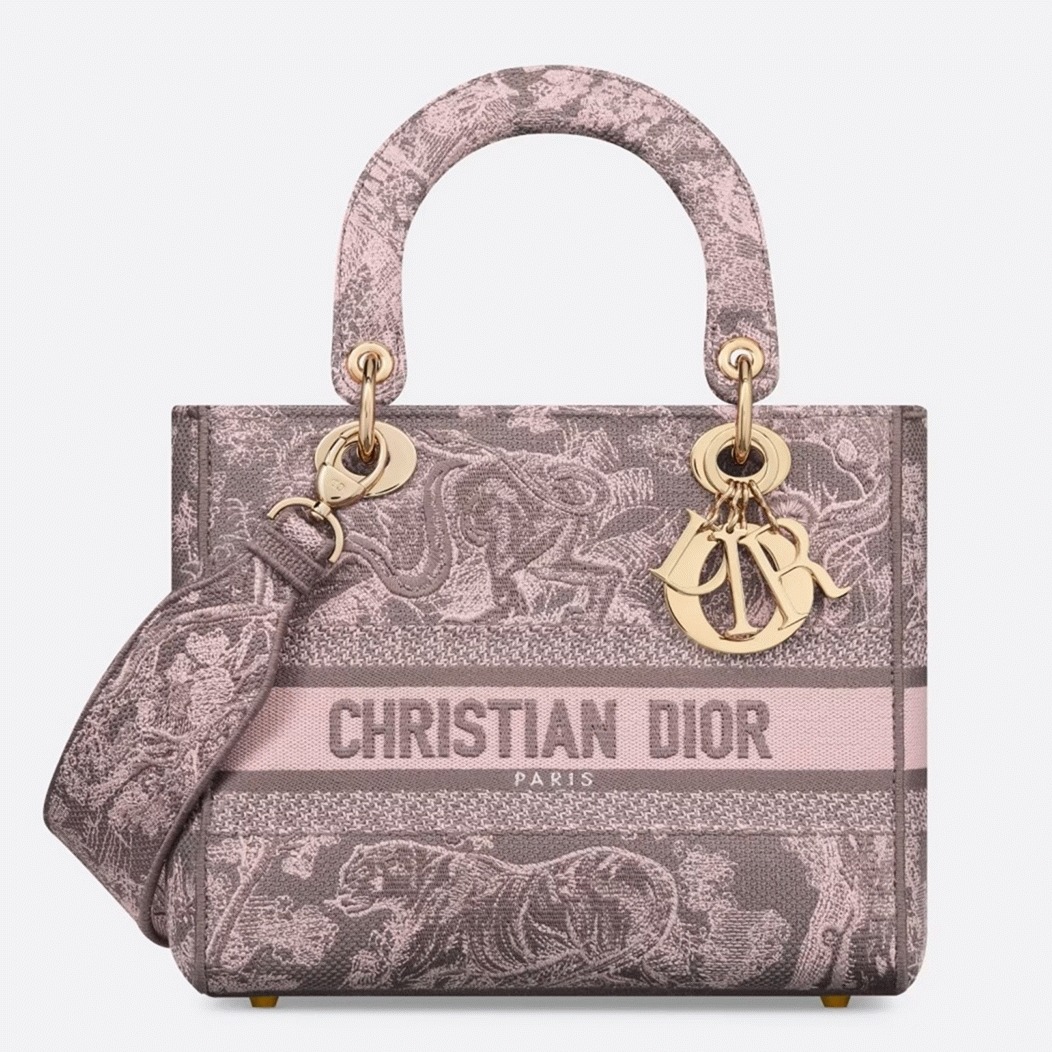 D10r Lady D-Lite Medium Bag Knockoff in Grey and Pink Toile de Jouy Reverse Embroidery