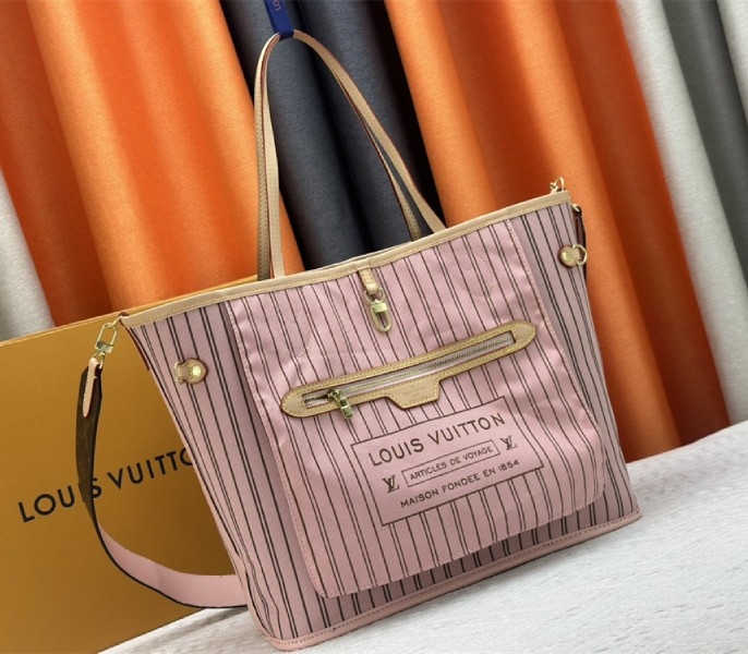 L0vis Vvtt0n Neverfull Bandouliere Inside Out MM Tote In Monogram Canvas And Peony Pink Textile