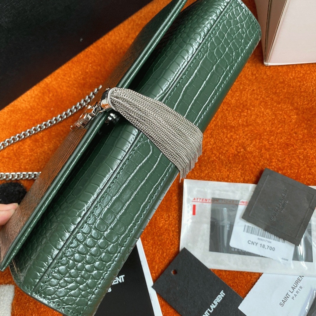 Replica Sa1nt Lau*nt Kate Medium Tassel Bag Green Crocodile-embossed Leather