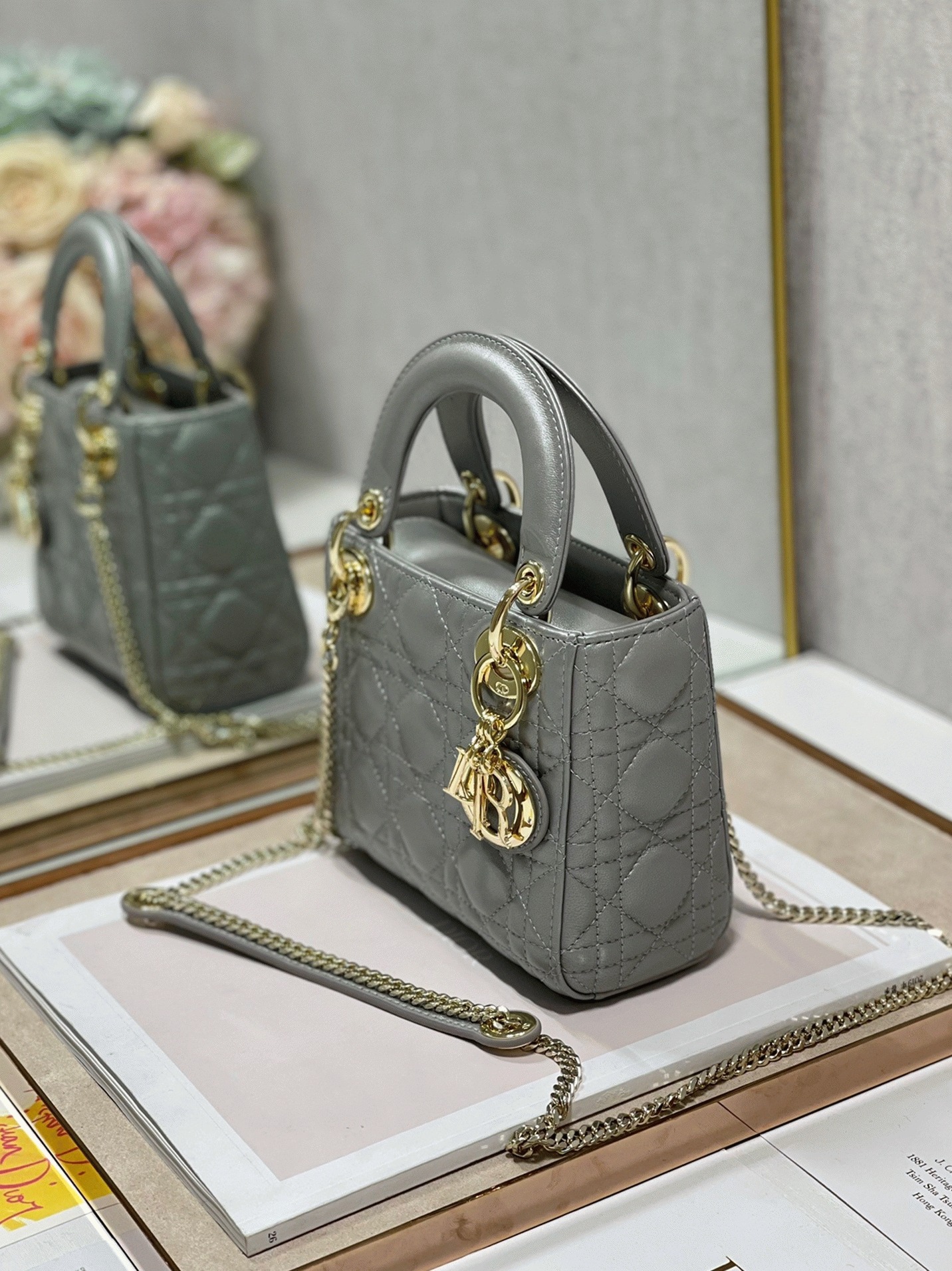 D10r Lady D10r Mini Chain Bag Replica in Grey Pearlescent Lambskin