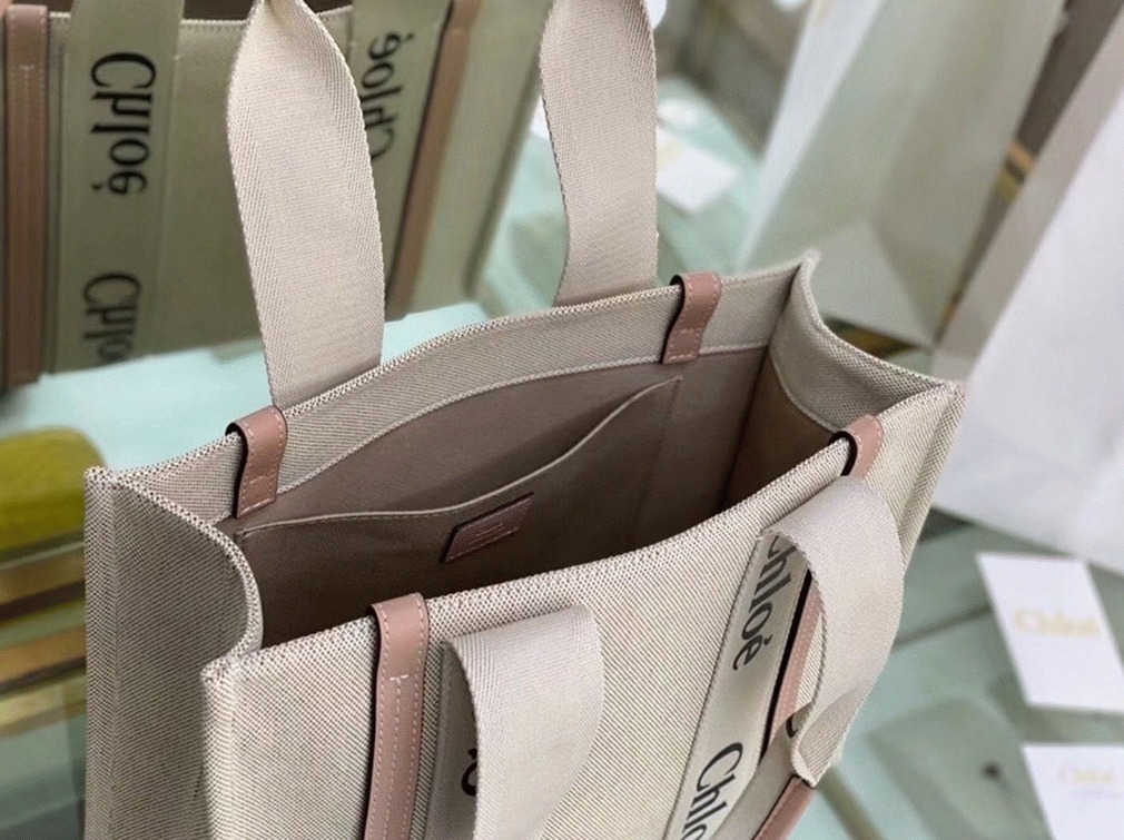 Top Quality Replica Chloe Medium Woody Tote Bag in Canvas with Beige Leather Strips