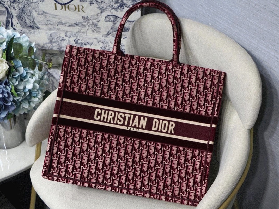 D10r Large Book Tote Bag Fake in Bordeaux Oblique Embroidered Velvet
