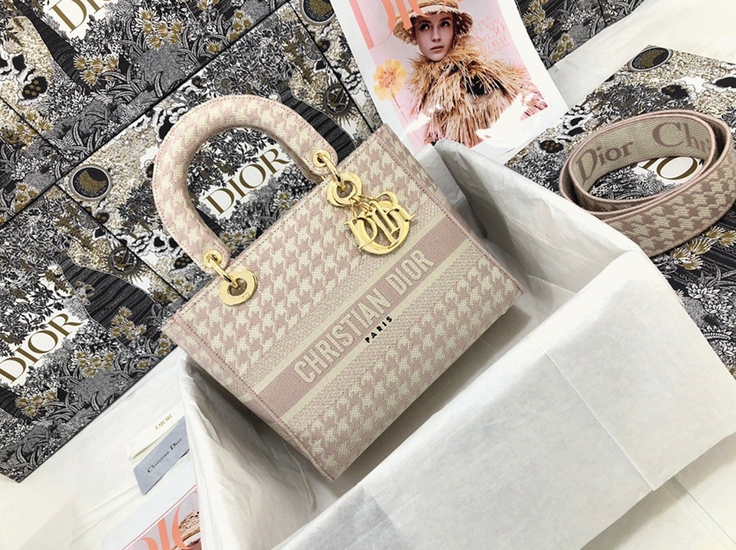 D10r Lady D-Lite Medium Bag Knockoff in Pink   White Houndstooth Embroidery