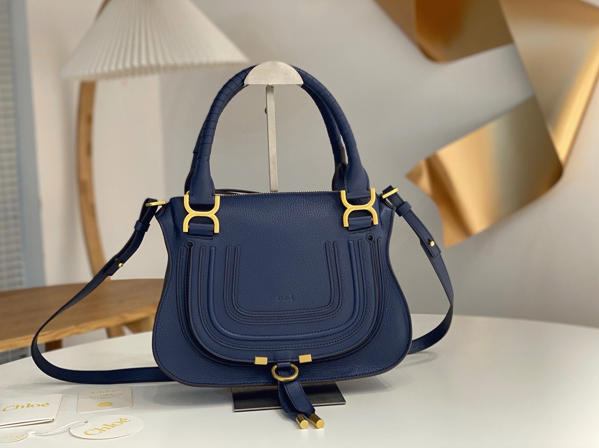 Top Quality Fake Chloe Marcie Small Double Carry Bag in Blue Grained Leather