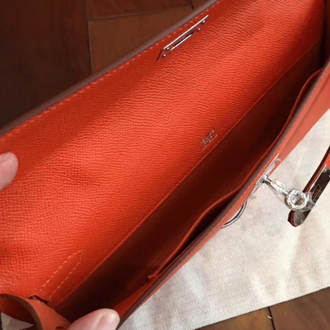 Orange Epsom Knockoff H**me5 Kelly Cut Clutch Bold Handbag