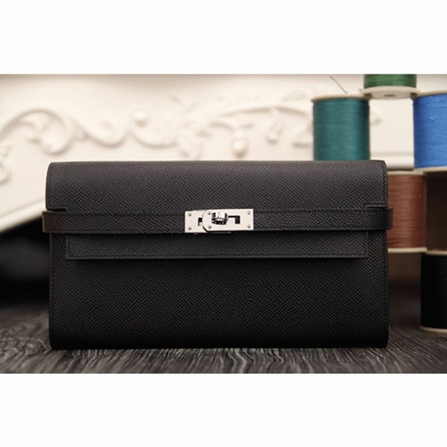 Black knockoff H**me5 Kelly Longue wallet