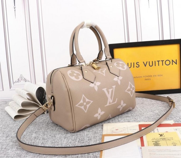 L0vis Vvtt0n Bicolor Monogram Empreinte Leather Speedy Bandouliere 25 Handbag In Tourterelle Gray And Cream