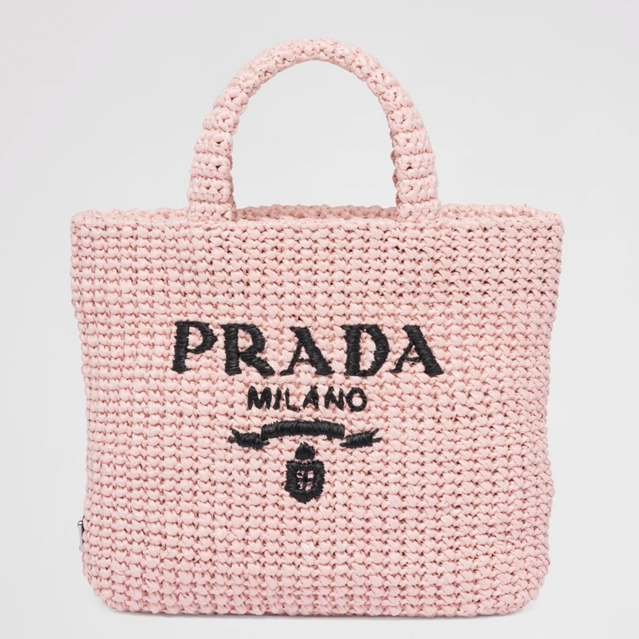 Pra*a Small Crochet Tote Bag Replica in Pink Raffia-effect Yarn