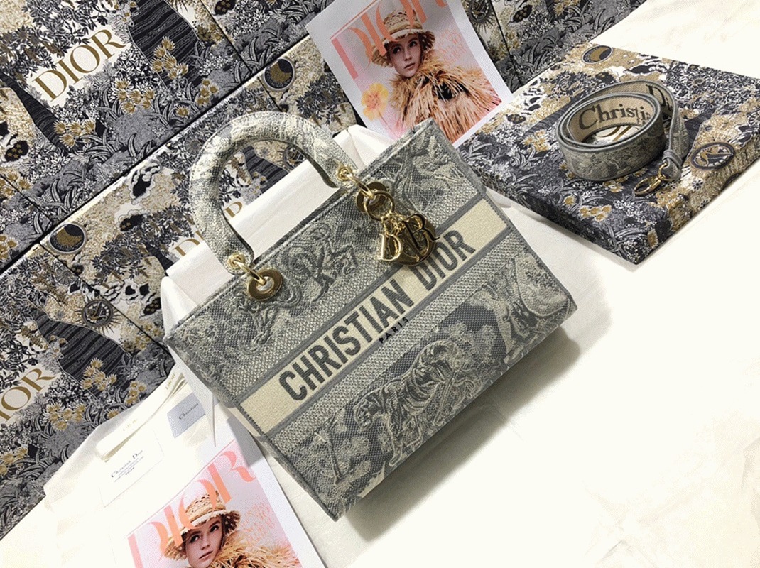 D10r Lady D-Lite Large Bag in Gray Toile de Jouy Reverse Embroidery