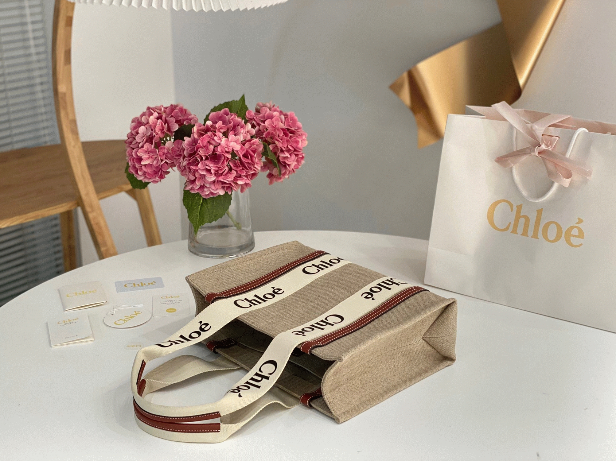 Top Quality Knockoff Chloe Woody Medium Tote Bag in Linen Canvas with Brown Leather