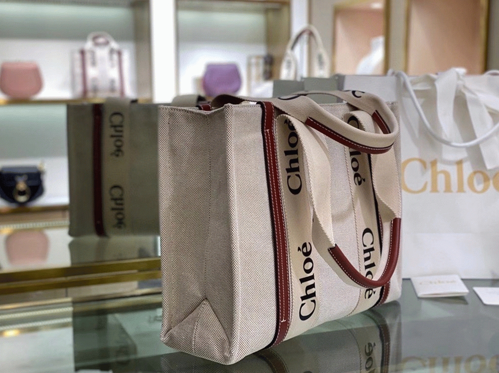 Top Quality Faux Chloe Medium Woody Tote Bag in Canvas with Brown Leather Strips