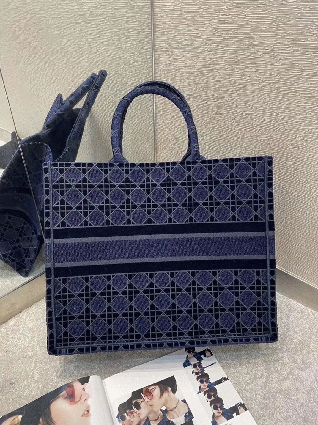 D10r Large Book Tote Bag Knockoff in Blue Cannage Embroidered Velvet