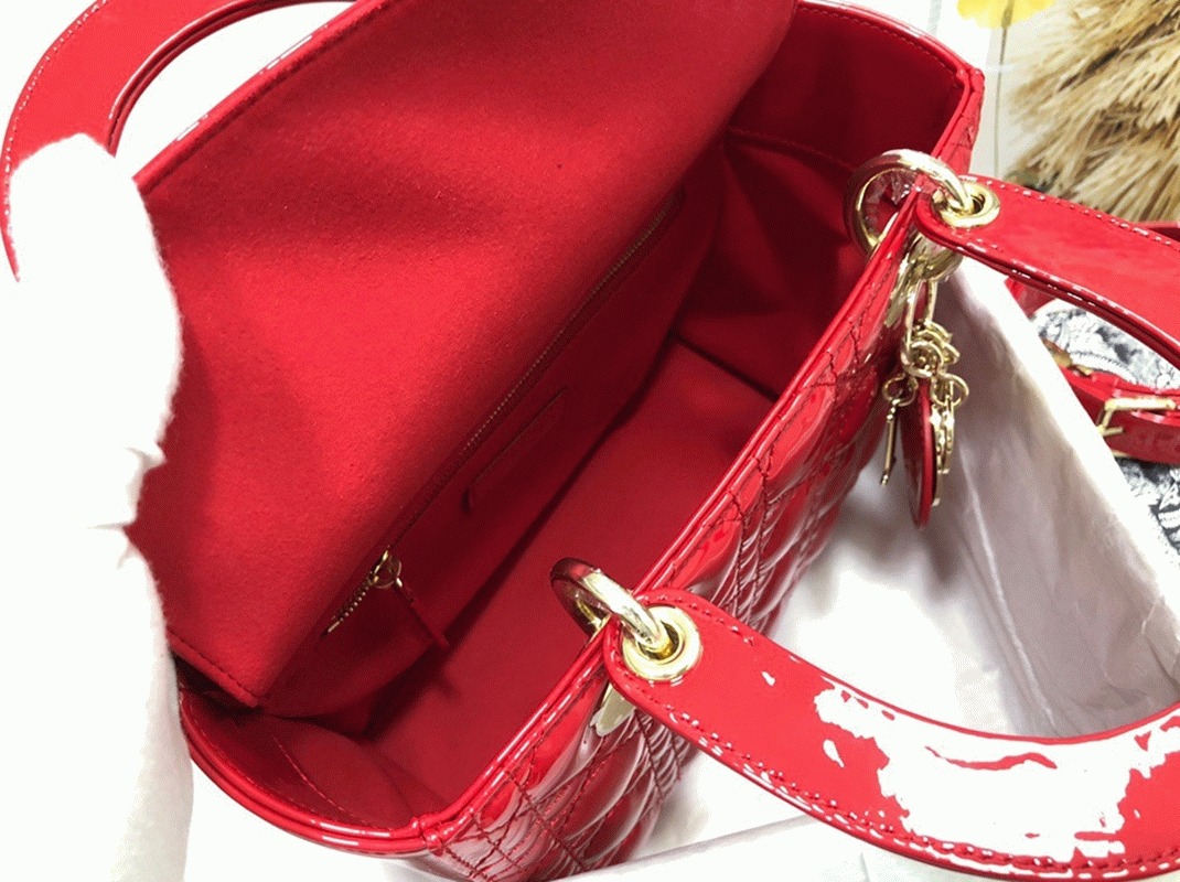 D10r Small Lady D10r Bag Replica in Red Patent Cannage Calfskin